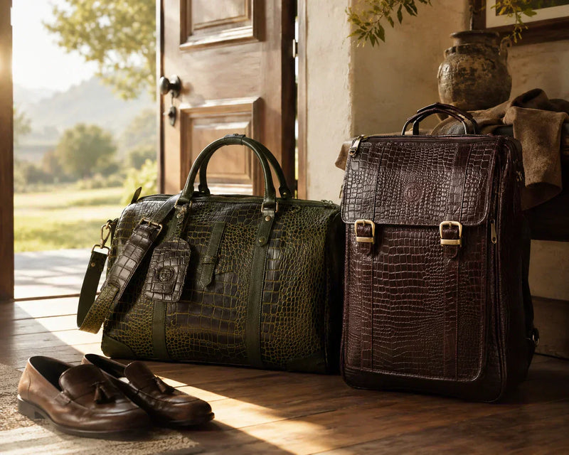 Premium leather bags on MDW sale 2026 — olive croco-textured Hestern Voyager Duffle and maroon Heritage Voyager Convertible Backpack ready for Memorial Day Weekend travel