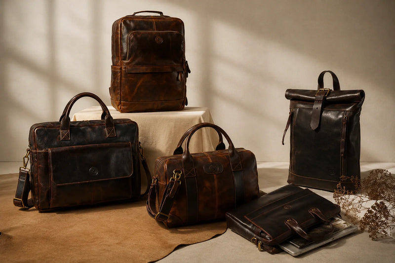 Hestern full grain leather laptop bags and backpacks for men grouped in brown and espresso tones