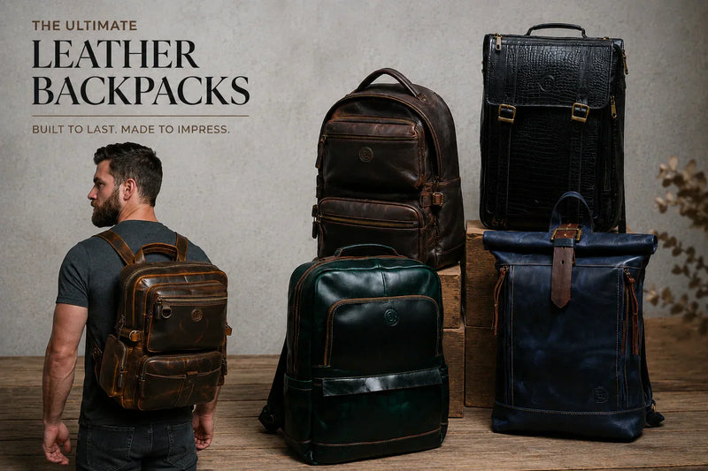 Editorial-style blog cover featuring a collection of premium leather backpacks in green, brown, navy blue, and black displayed in a luxury studio setting with a male model wearing a vintage brown leather backpack.