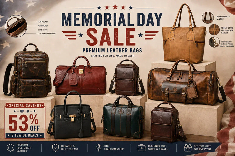 Memorial Day sale poster featuring premium leather backpacks, duffle bags, tote bags, handbags, messenger bags, and leather travel bags with up to 53% off sitewide deals.
