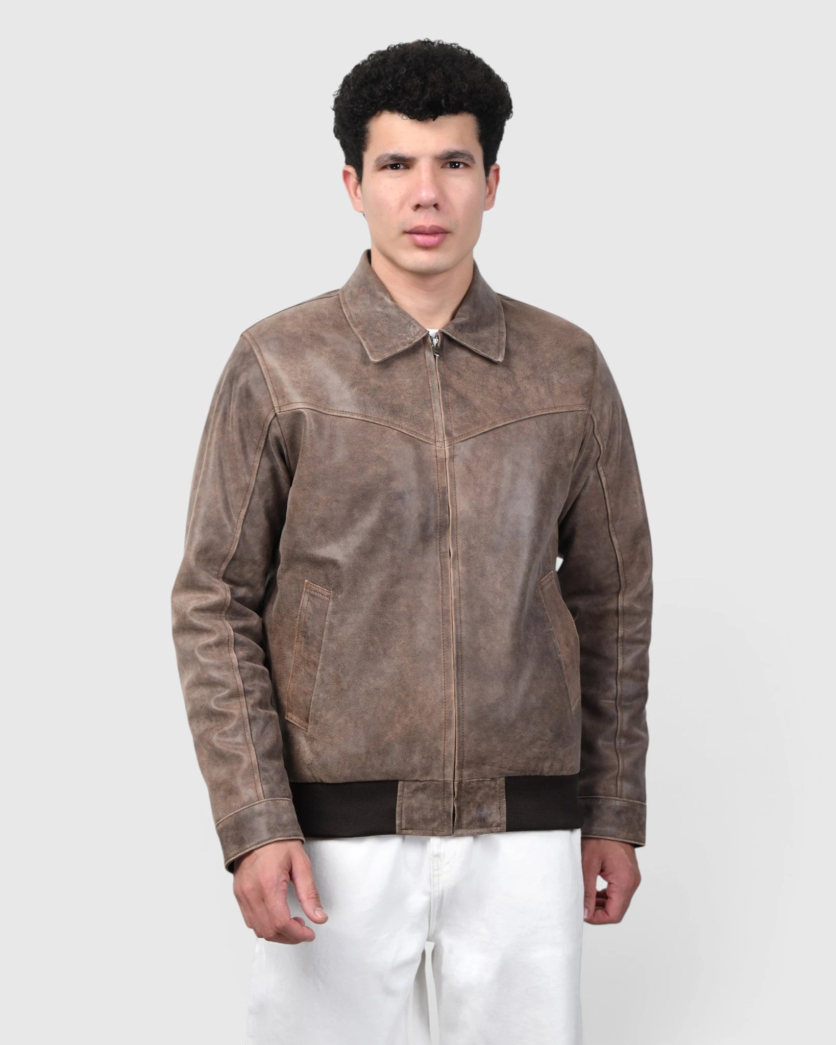 Heritage Drift Leather Bomber Jacket – Vintage Taupe
