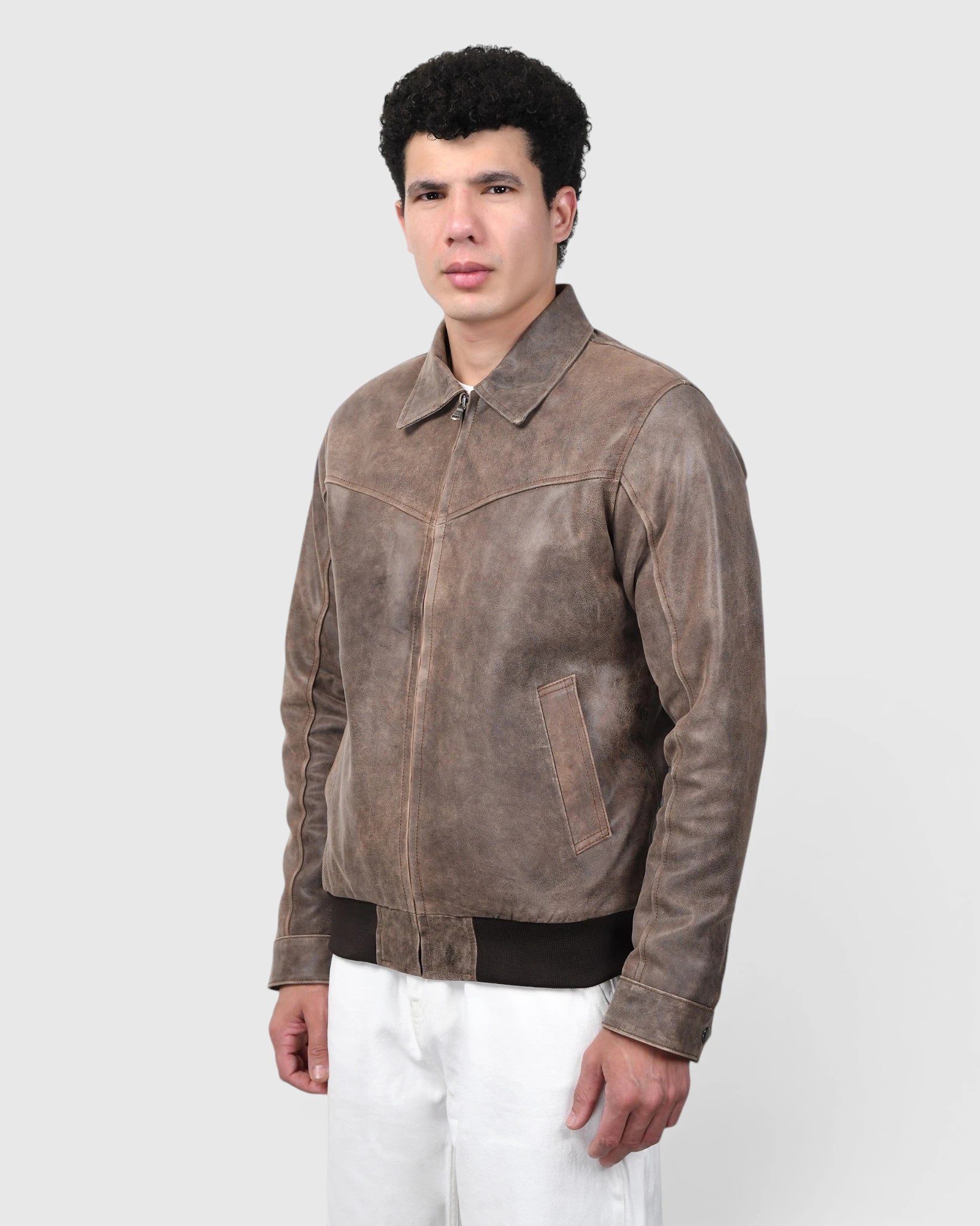 Heritage Drift Leather Bomber Jacket – Vintage Taupe