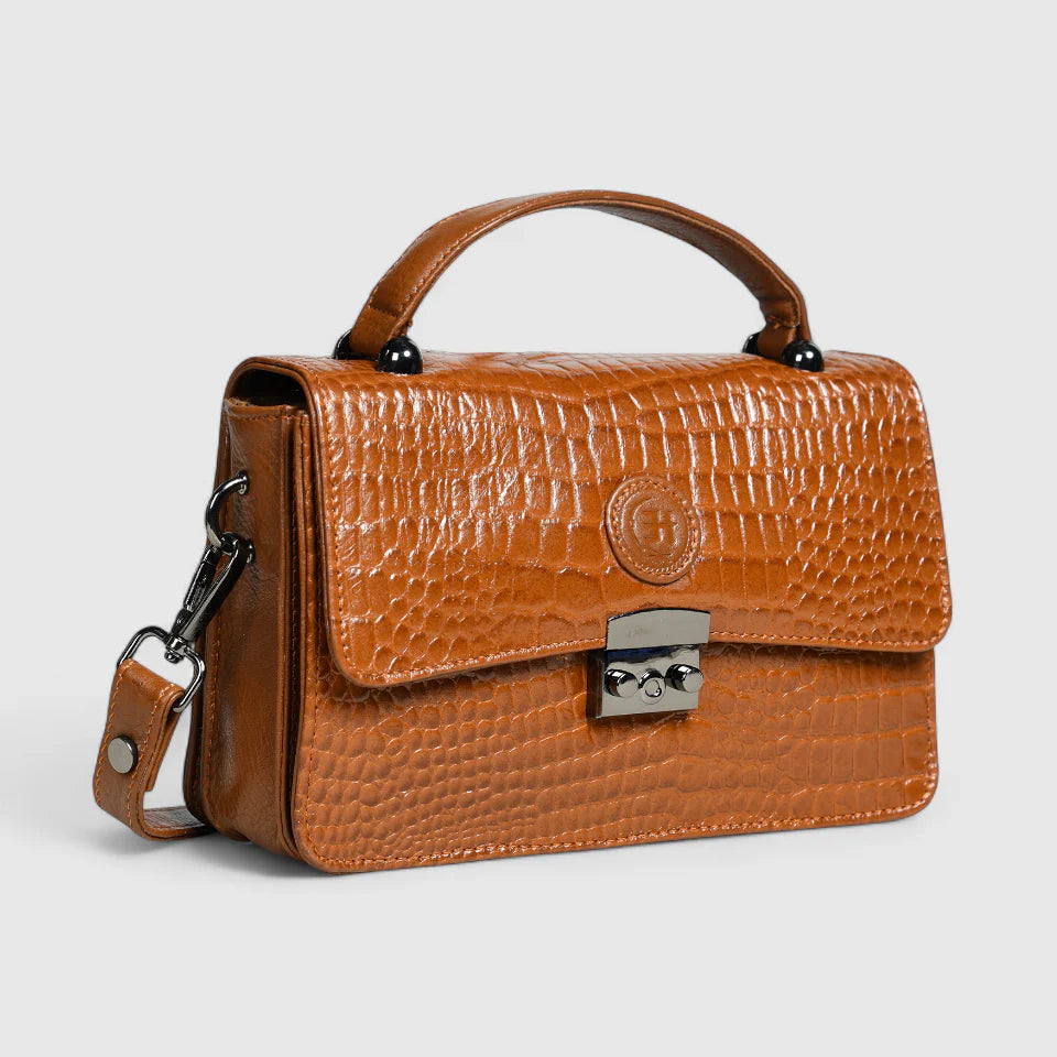 Imperial Croc Luxe Satchel Bag - Tan Colour