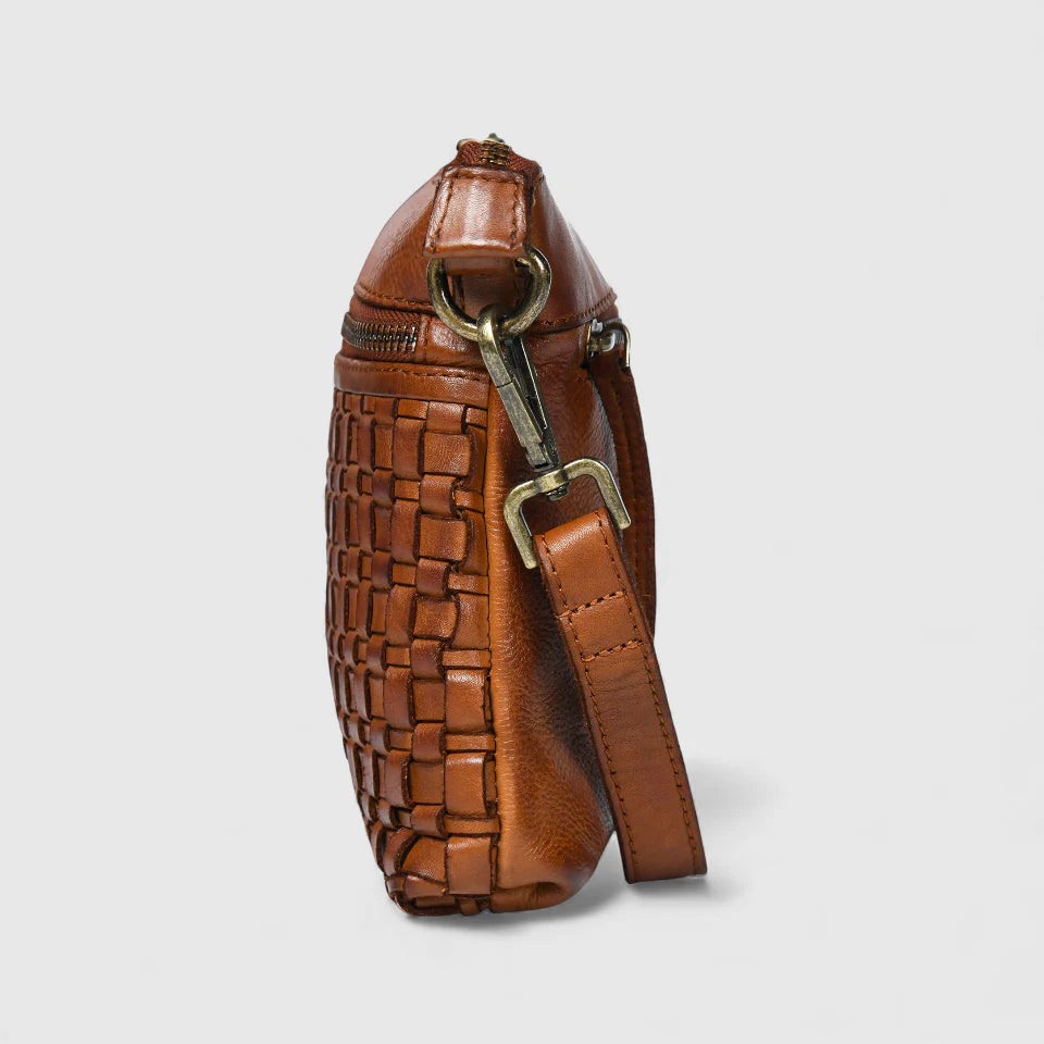 Woven Elegance Leather Handbag - Tan Colour