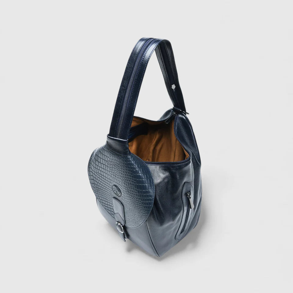 Croco Leather Shoulder Bag - Navy Blue