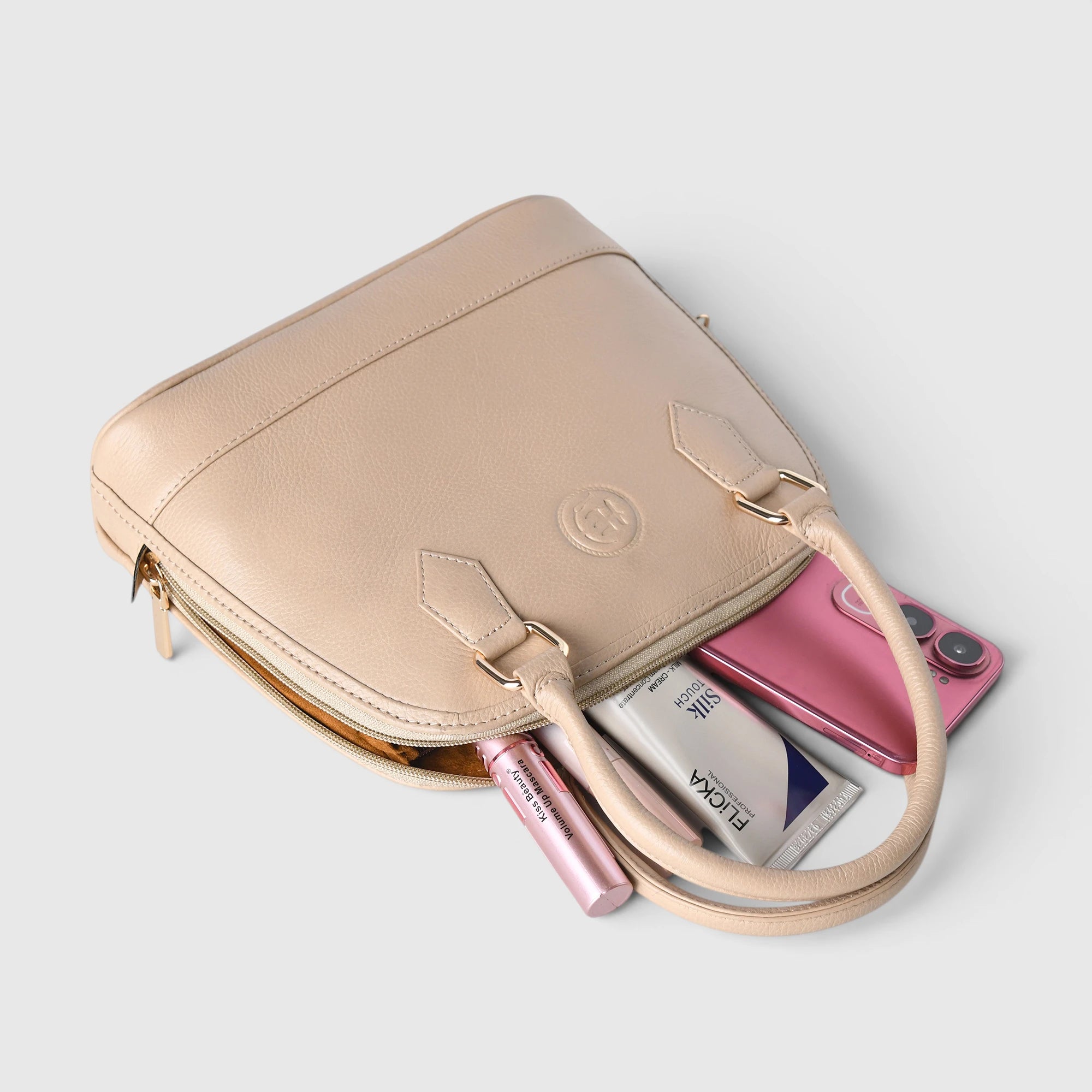 The Monroe Classic Leather Satchel - Beige Colour