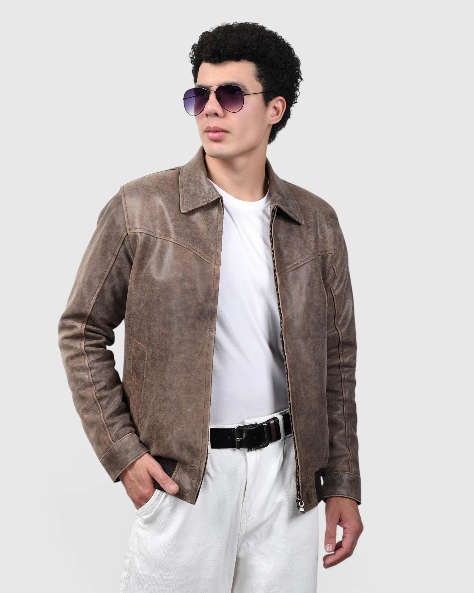 Heritage Drift Leather Bomber Jacket – Vintage Taupe