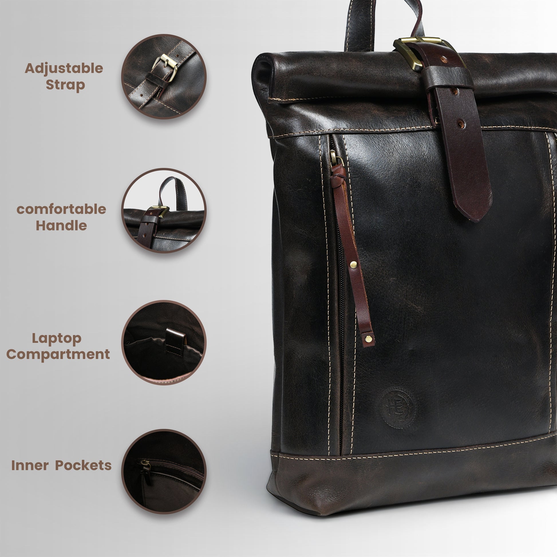 Explorer Vintage Leather Roll-Top Backpack | Espresso Brown