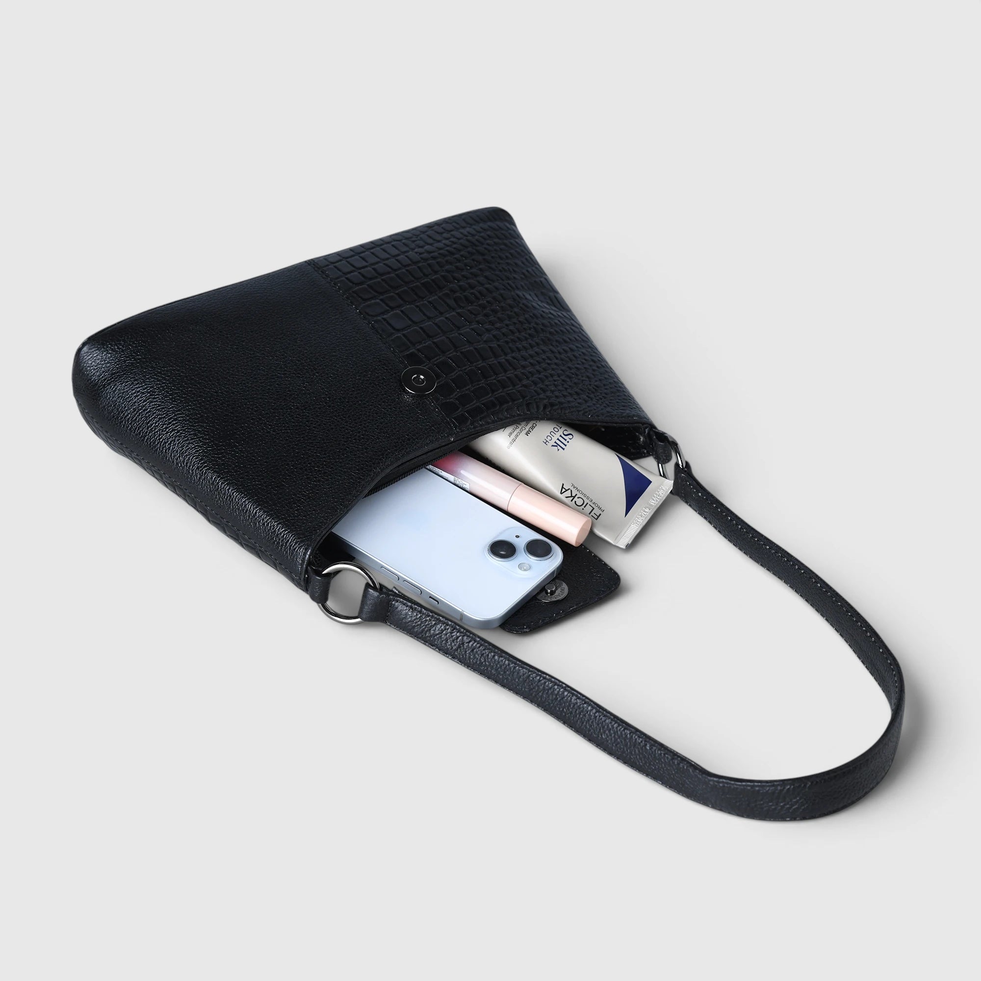 Luna Croco Full Grain Leather Handbag – Black colour