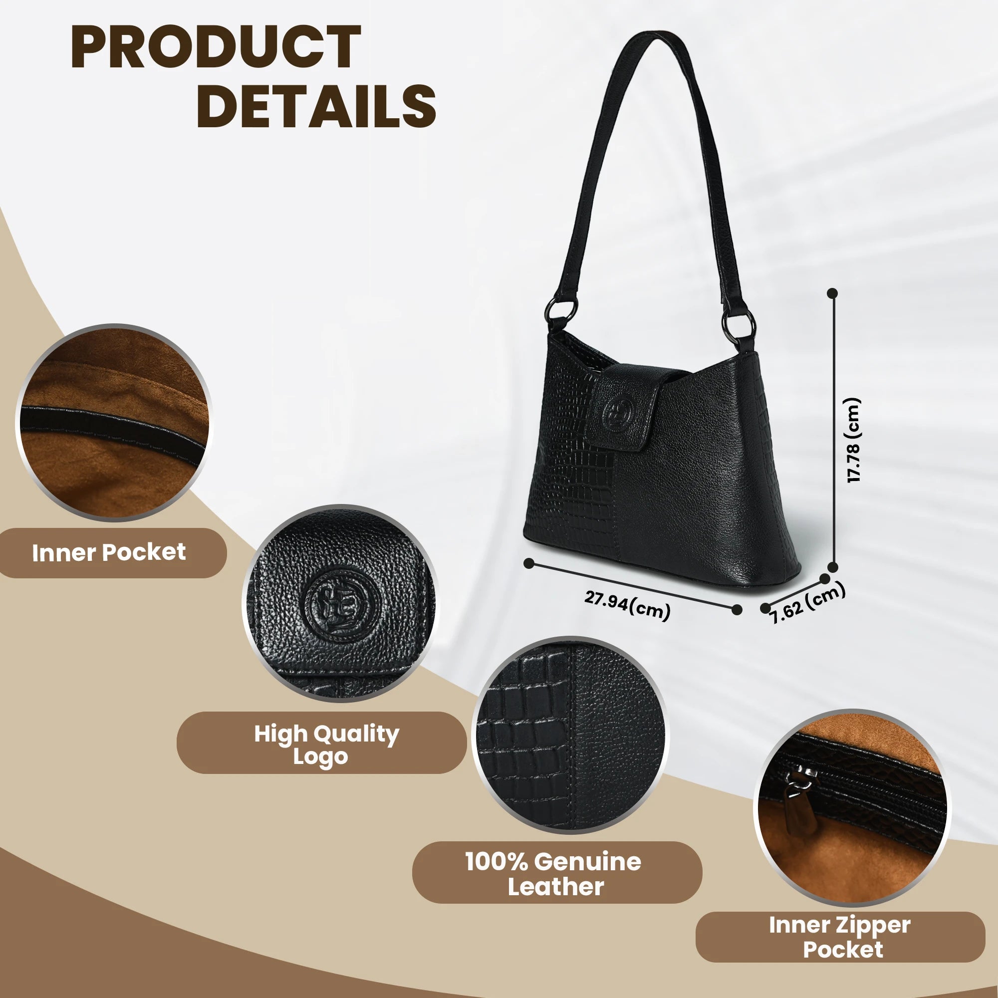 Luna Croco Full Grain Leather Handbag – Black colour