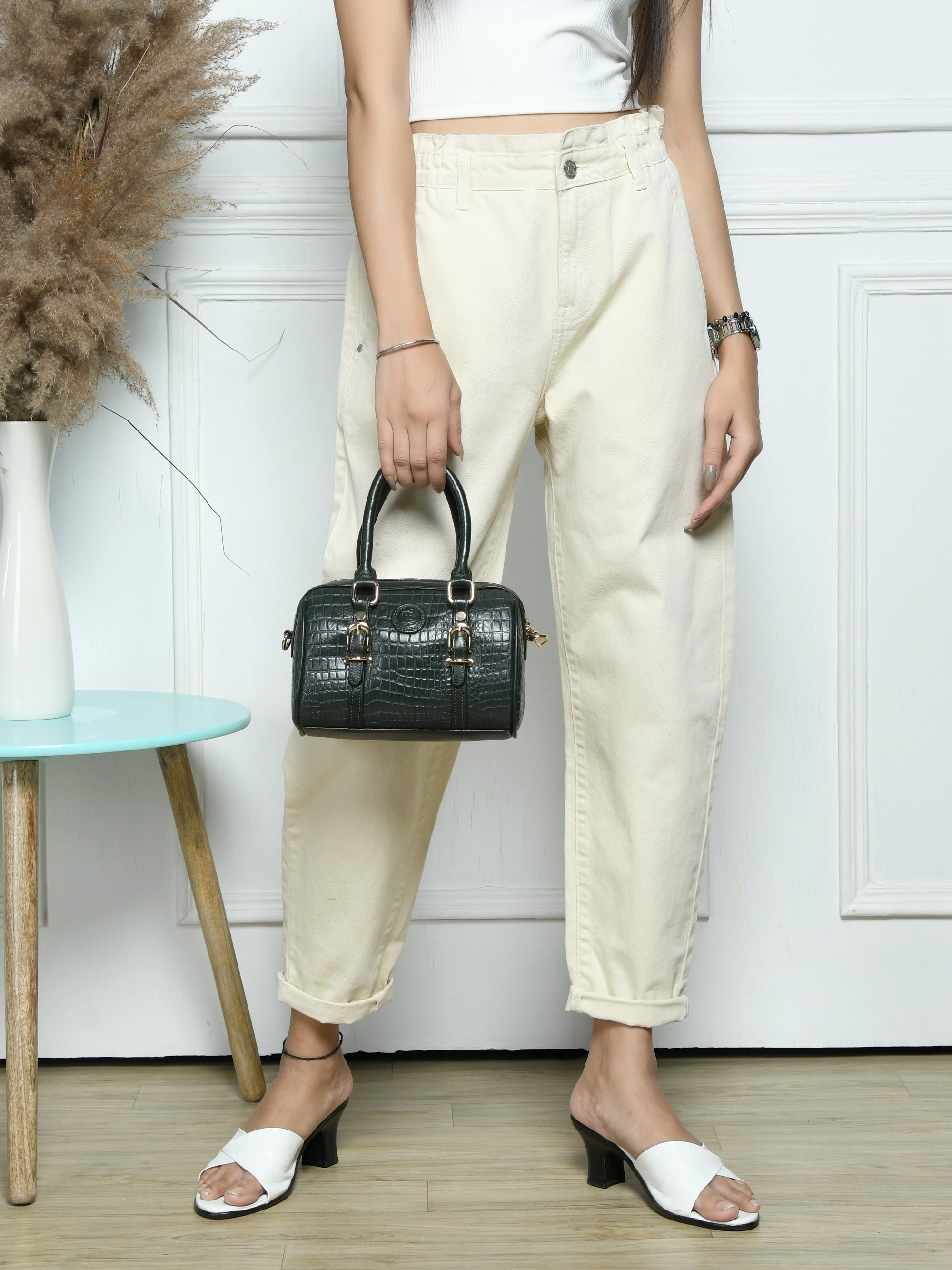 Emerald Luxe Croc Satchel Bag - Rich Green