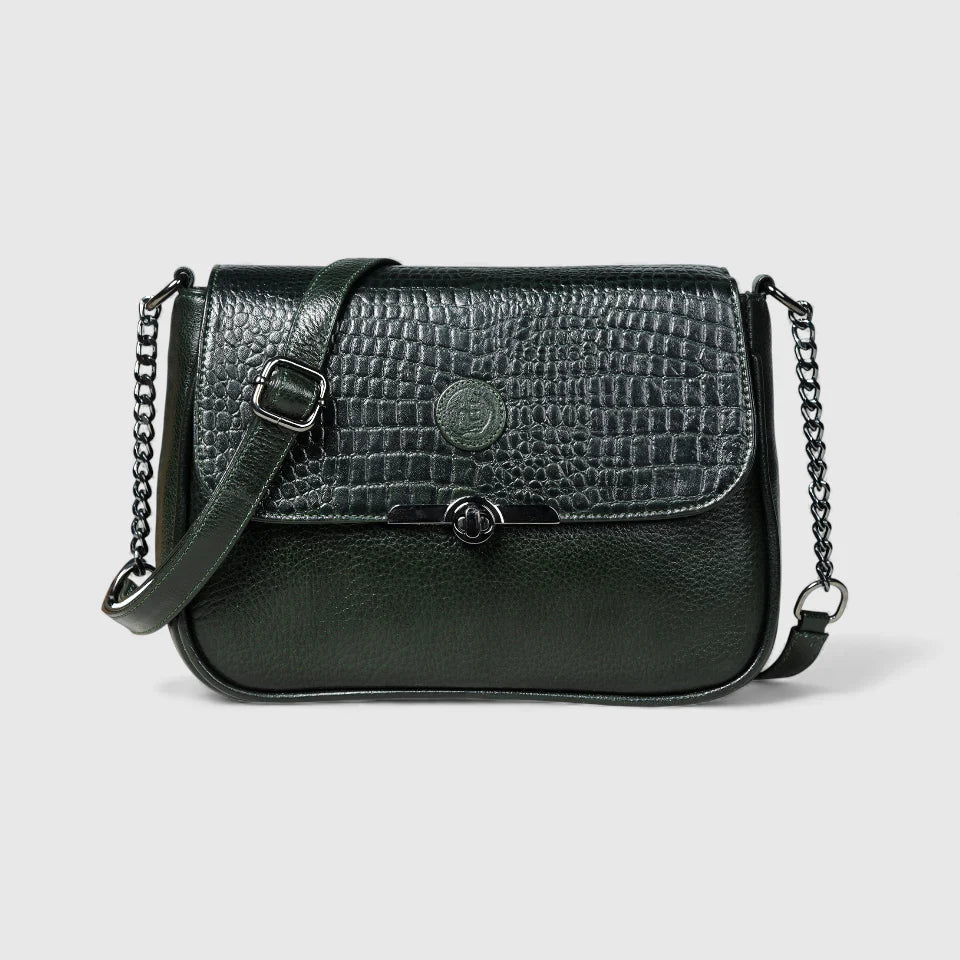 Regal Noir Croc Handbag - Rich Green