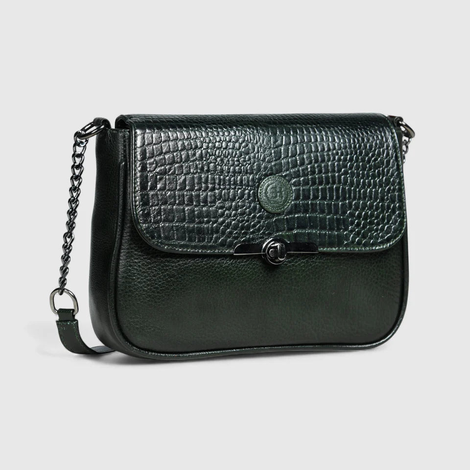 Regal Noir Croc Handbag - Rich Green