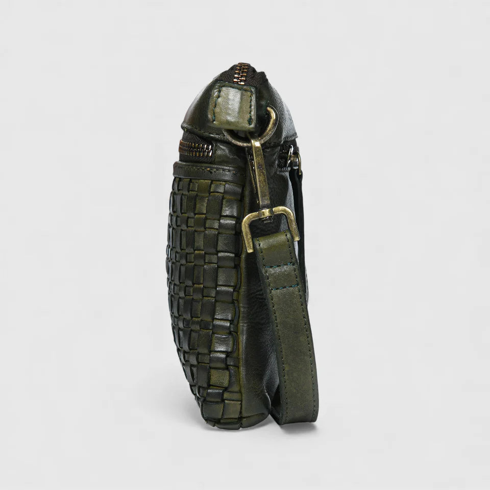 Woven Elegance Leather Handbag - Olive Colour