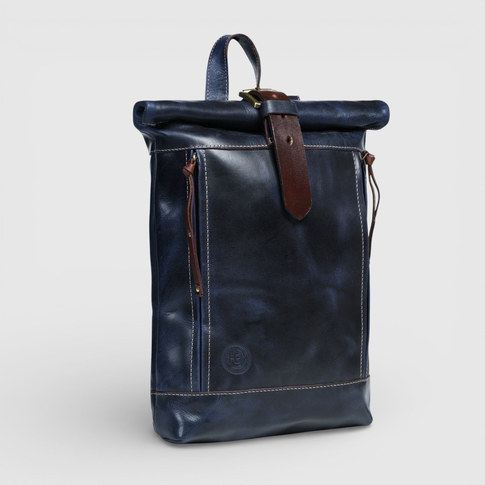 Explorer Vintage Leather Roll-Top Backpack | Midnight Blue