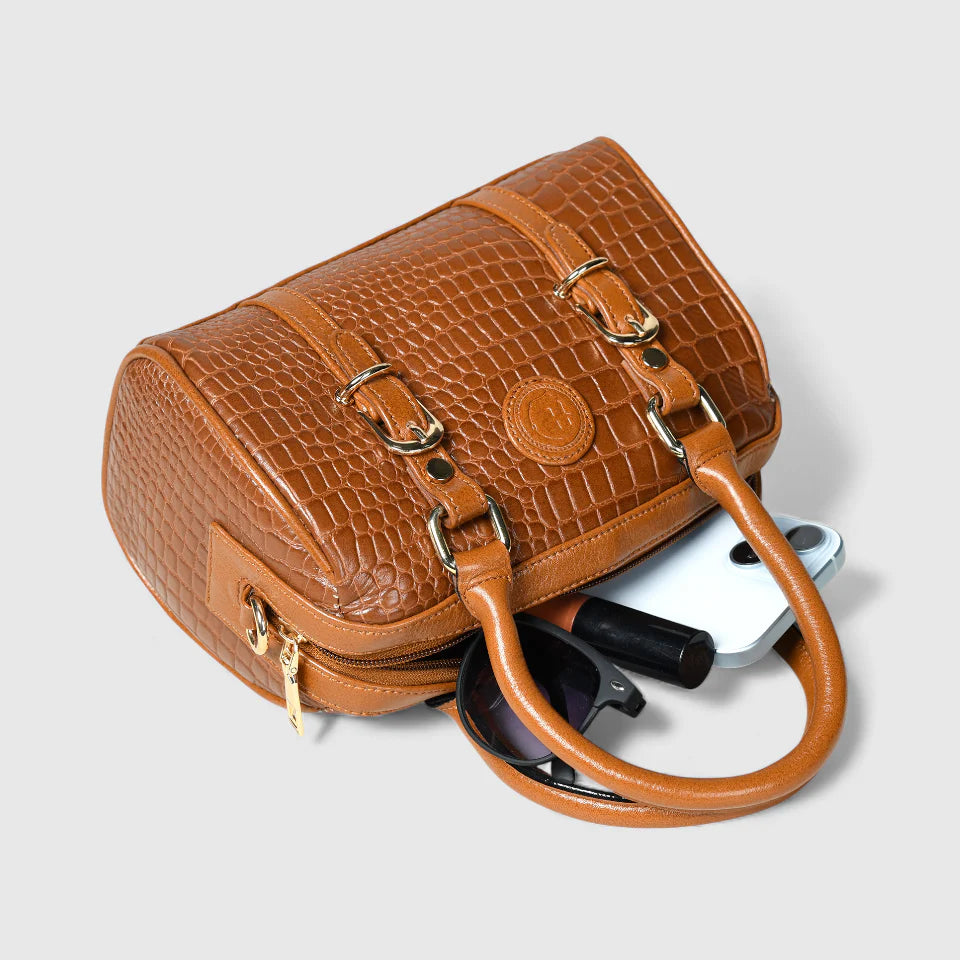 Emerald Luxe Croc Satchel Bag - Tan Colour