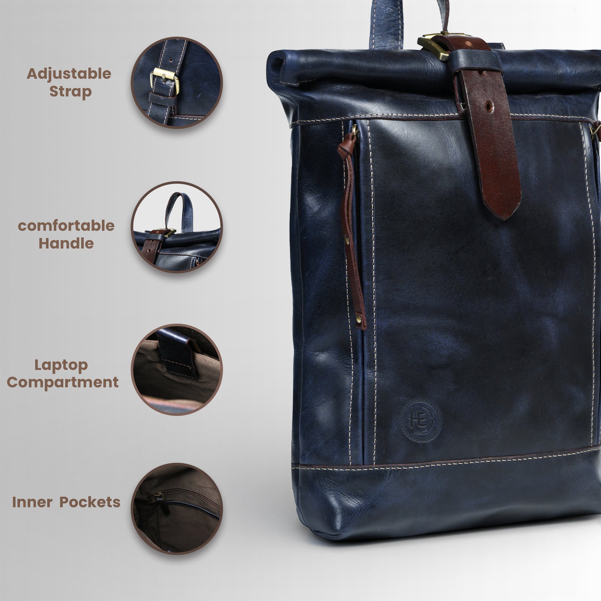 Explorer Vintage Leather Roll-Top Backpack | Midnight Blue