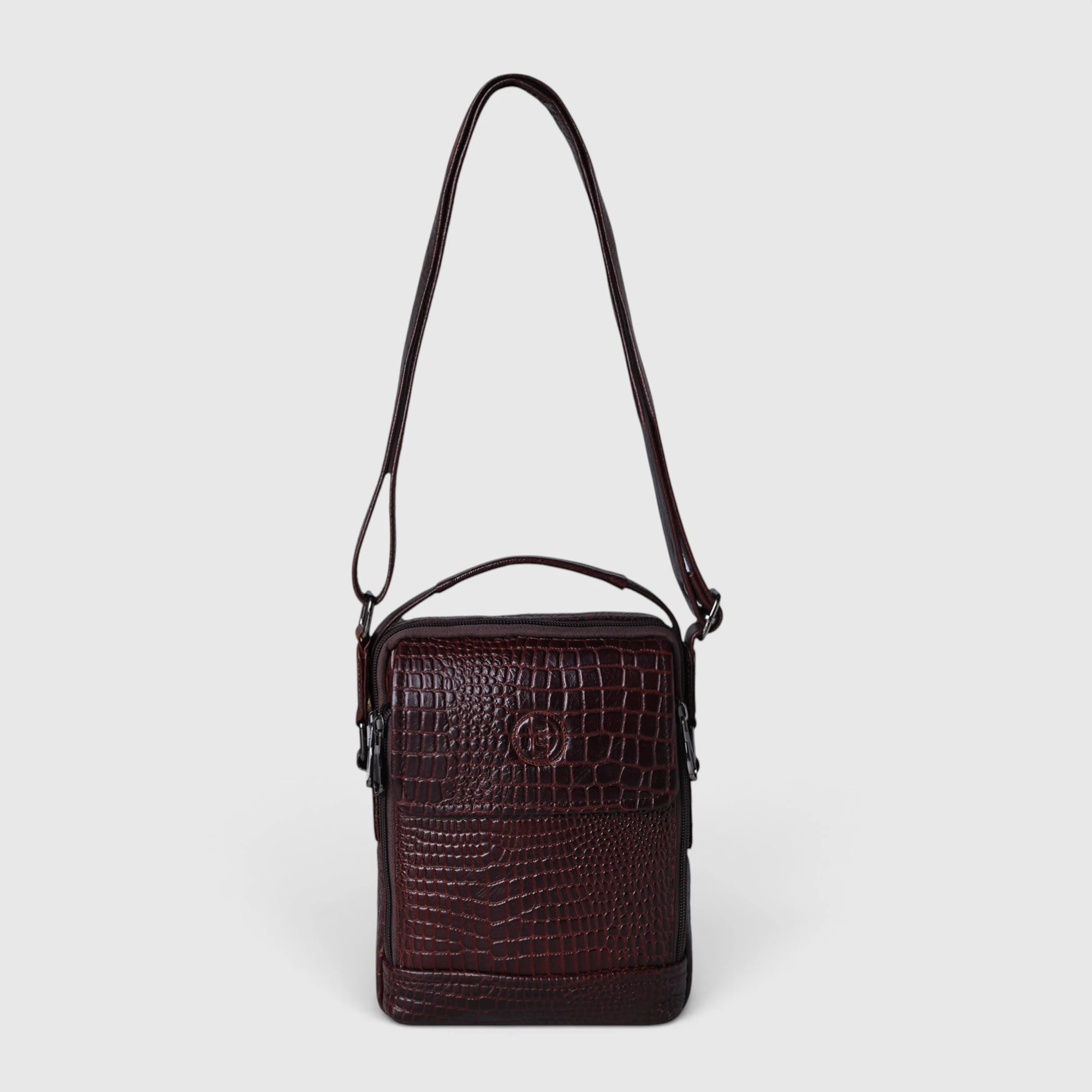 Croco Mason Leather Crossbody Bag - Espresso Brown