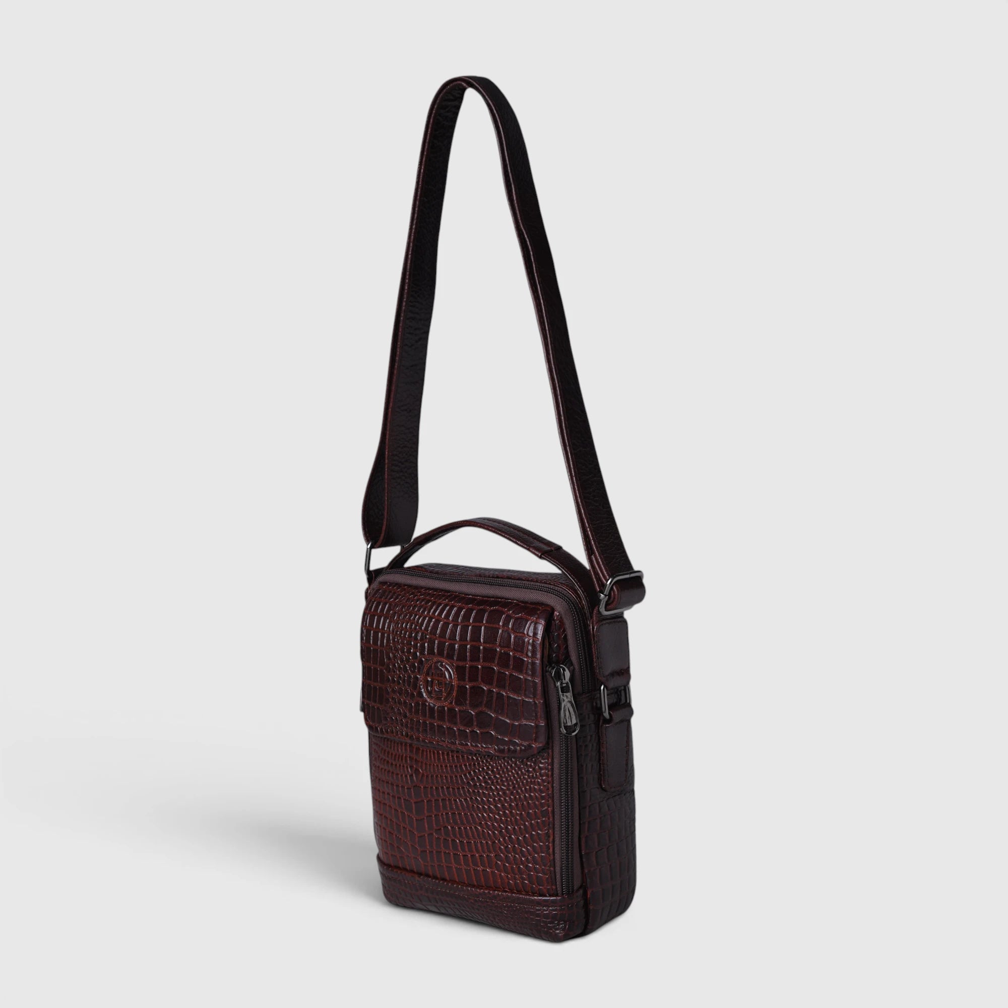 Croco Mason Leather Crossbody Bag - Espresso Brown