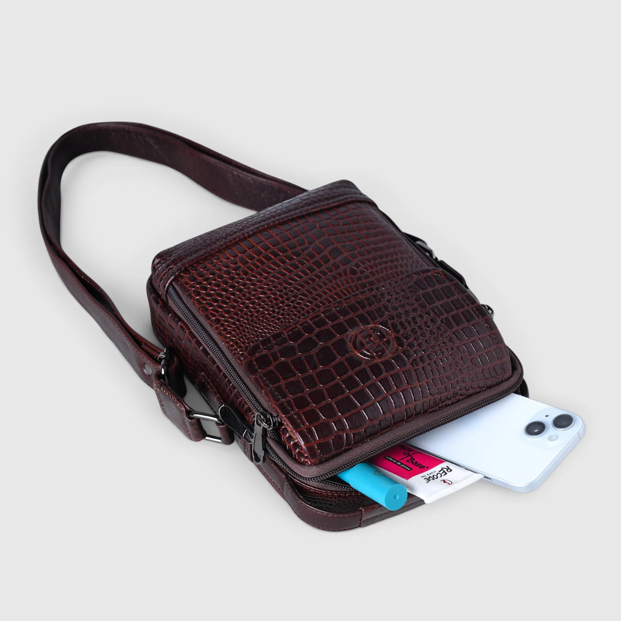 Croco Mason Leather Crossbody Bag - Espresso Brown