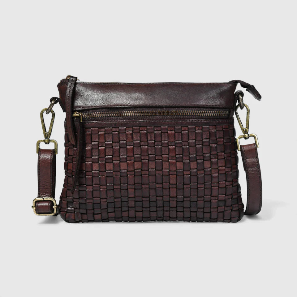 Woven Elegance Leather Handbag - Maroon colour