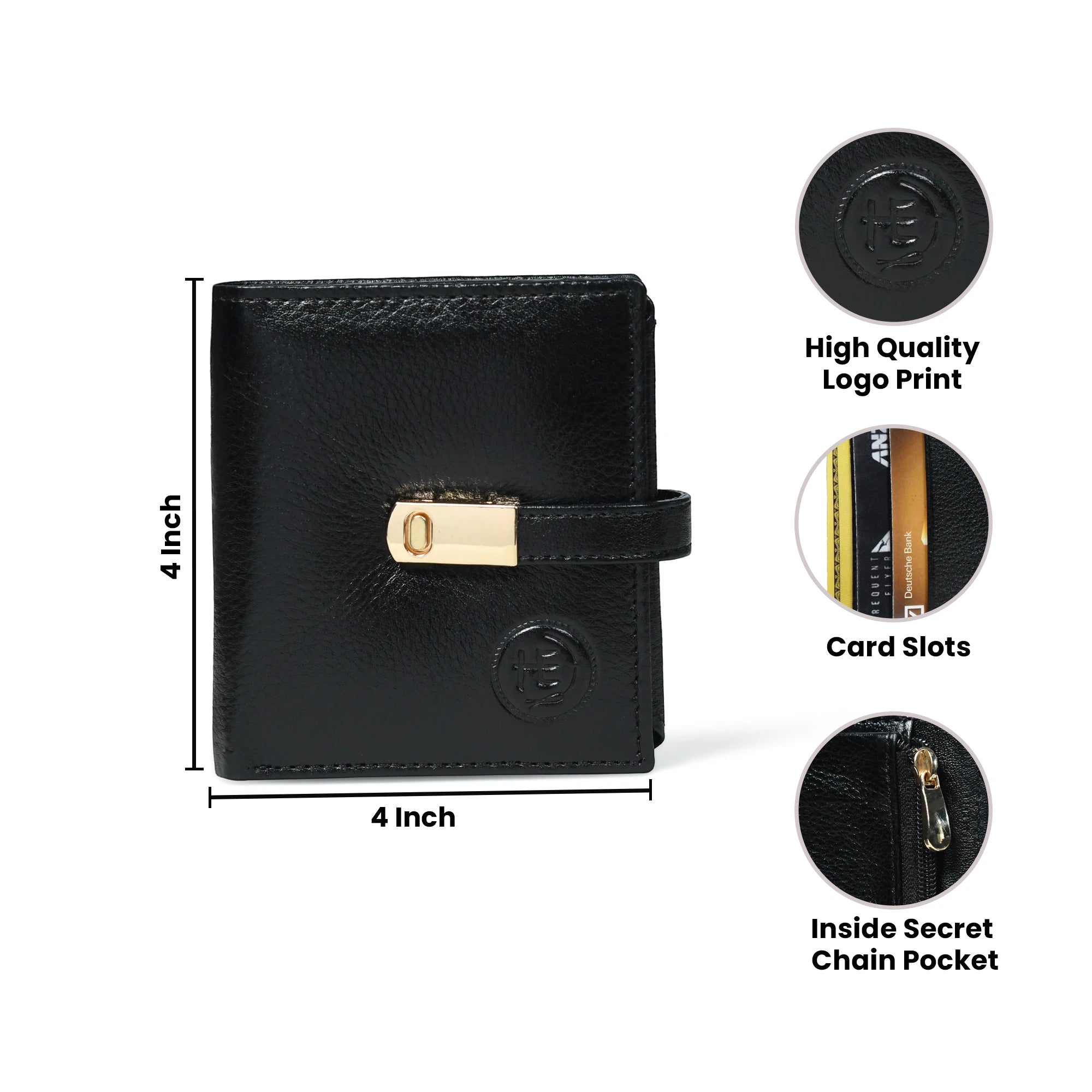 Crest Compact Leather Trifold Wallet – Black Colour