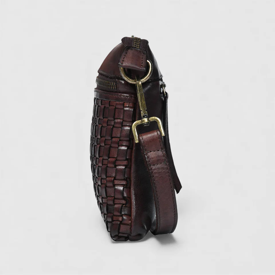 Woven Elegance Leather Handbag - Maroon colour