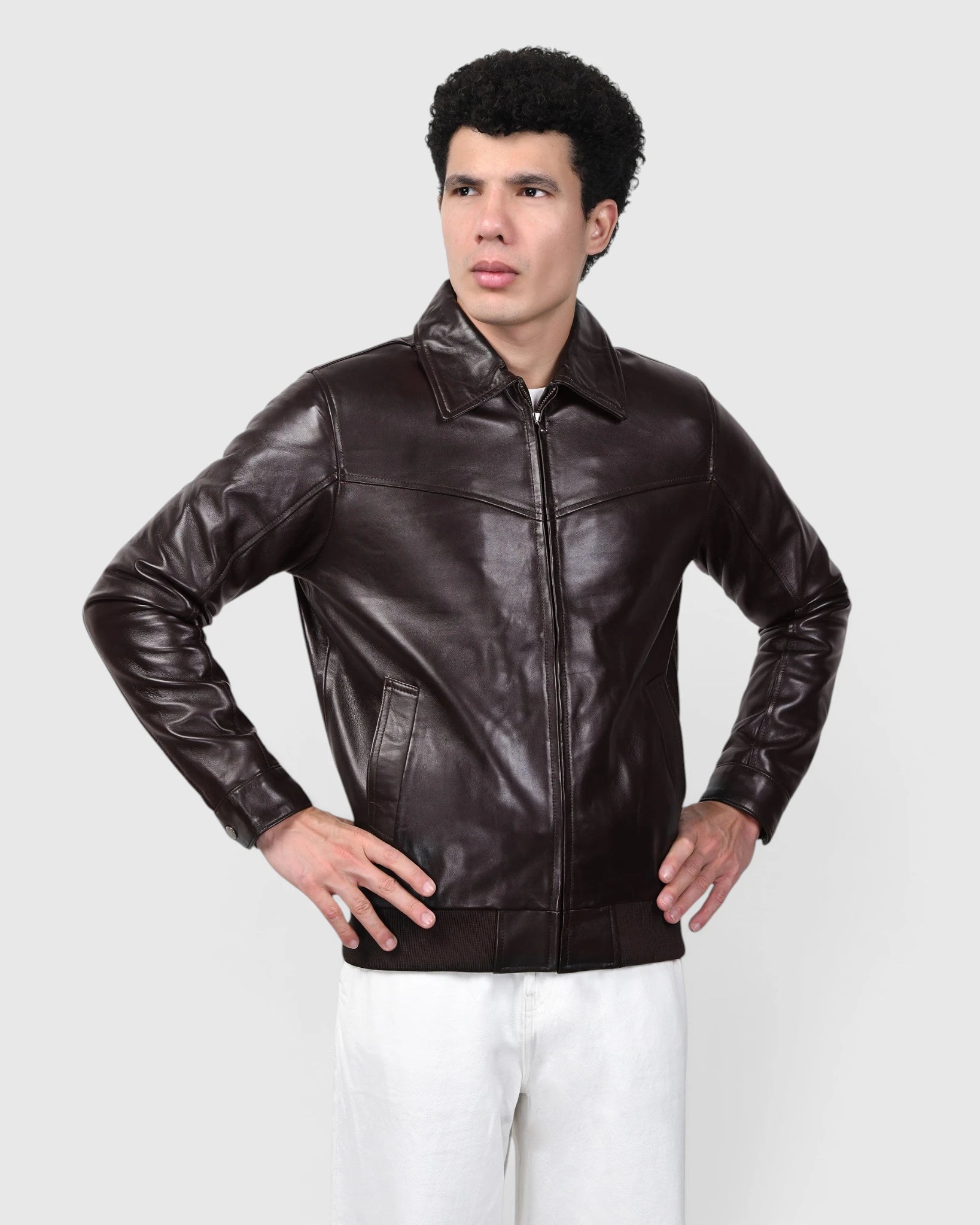 Heritage Drift Leather Bomber Jacket – Dark Brown