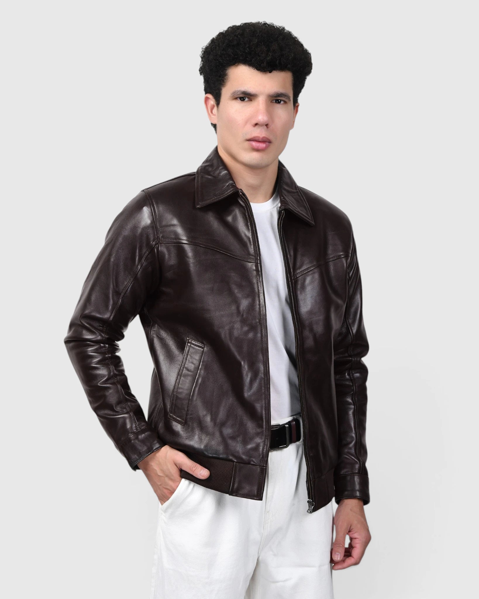 Heritage Drift Leather Bomber Jacket – Dark Brown