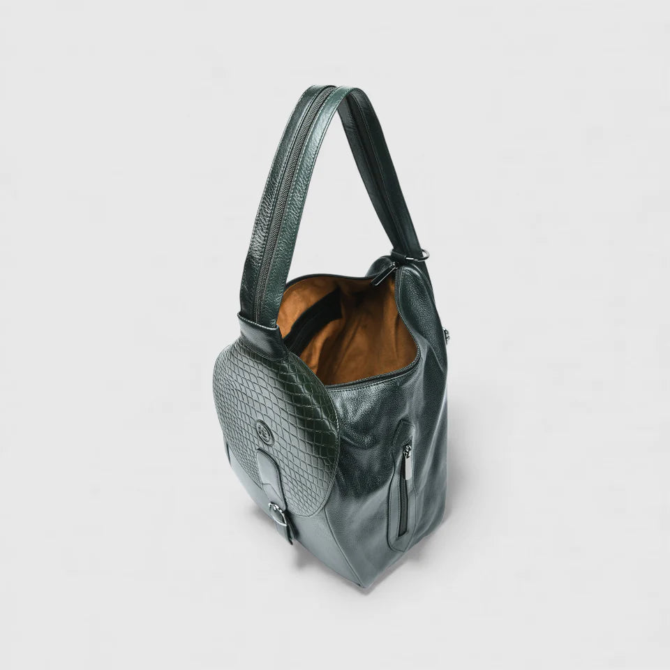 Croco Leather Shoulder Bag - Rich Green