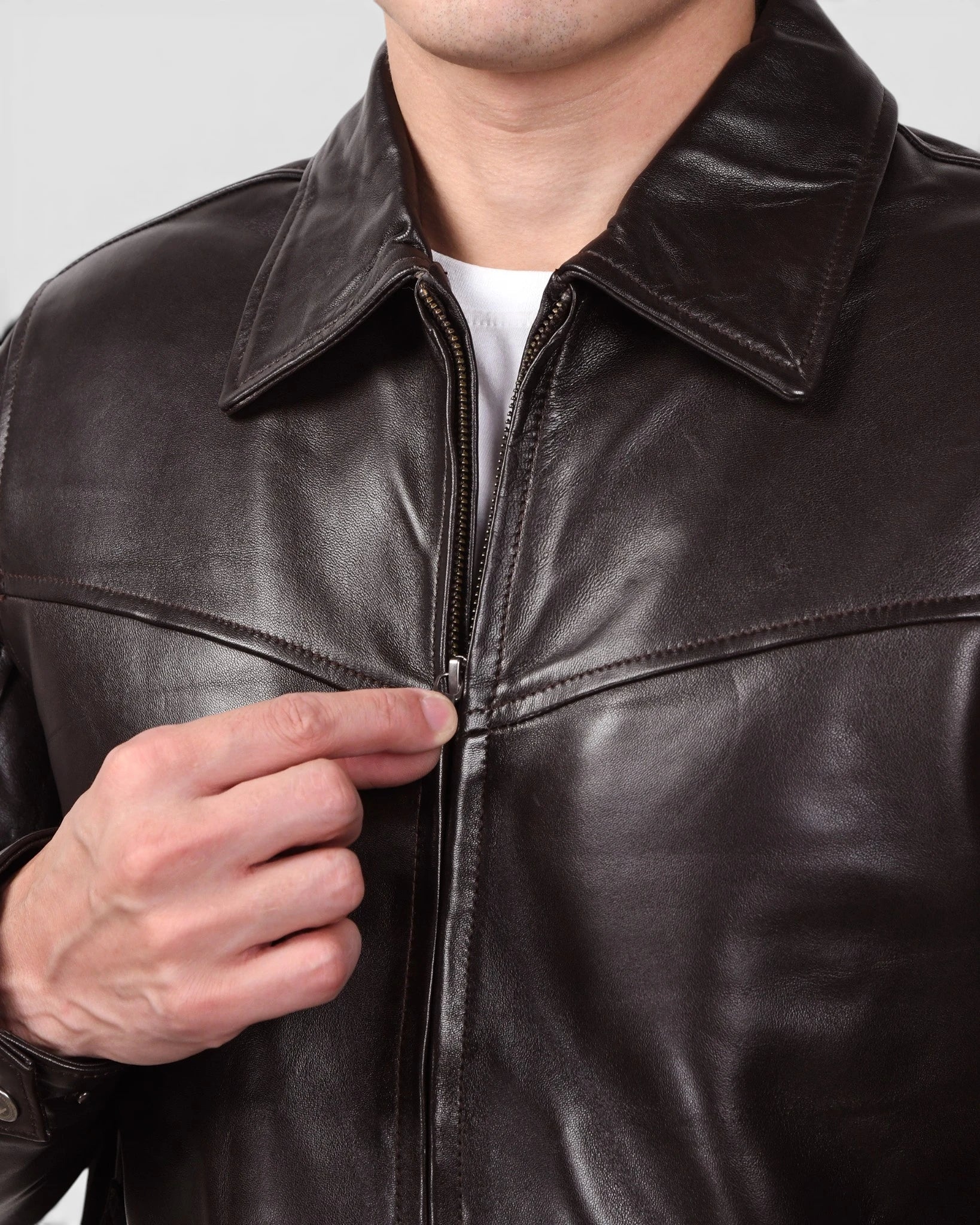 Heritage Drift Leather Bomber Jacket – Dark Brown