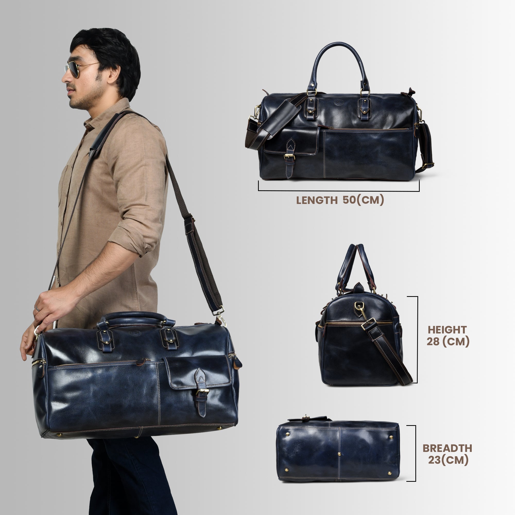 The Odyssey Leather Travel Duffle - Navy blue