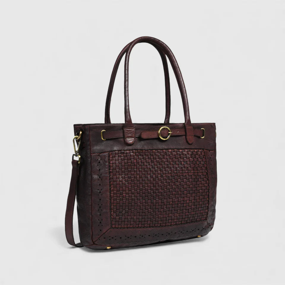 Vintage Woven Espresso Leather Women's Handbag - Maroon color