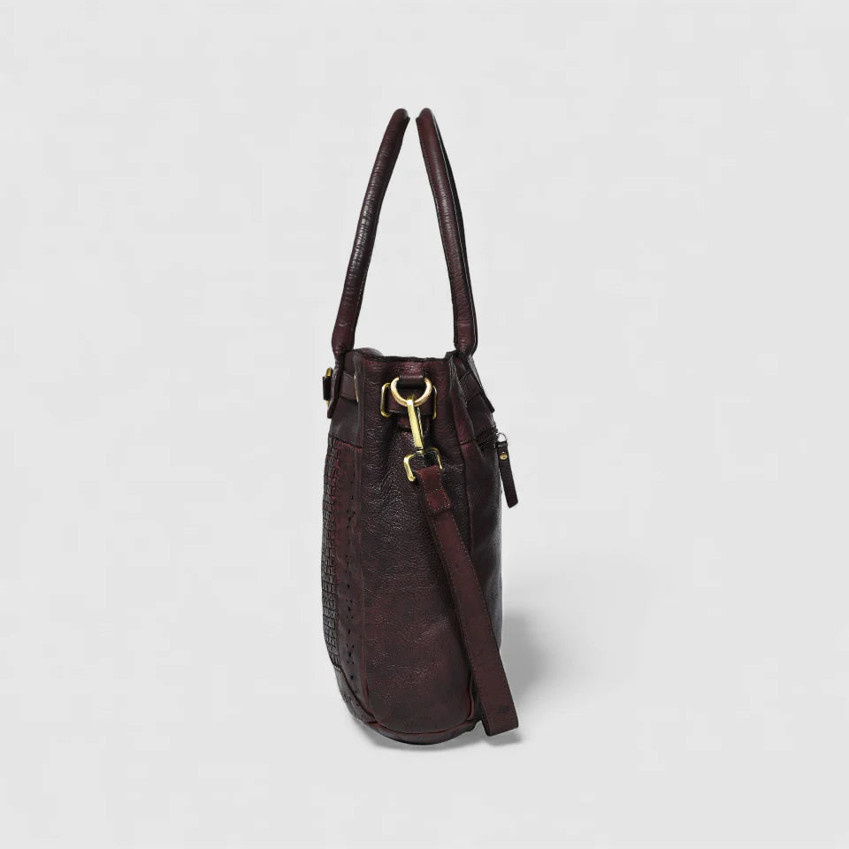Vintage Woven Espresso Leather Women's Handbag - Maroon color