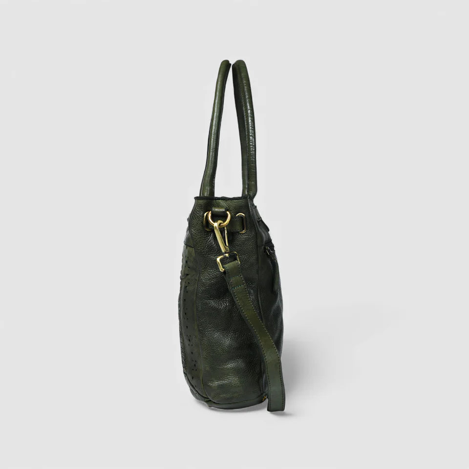 Vintage Woven Espresso Leather Women's Handbag - Olive Colour