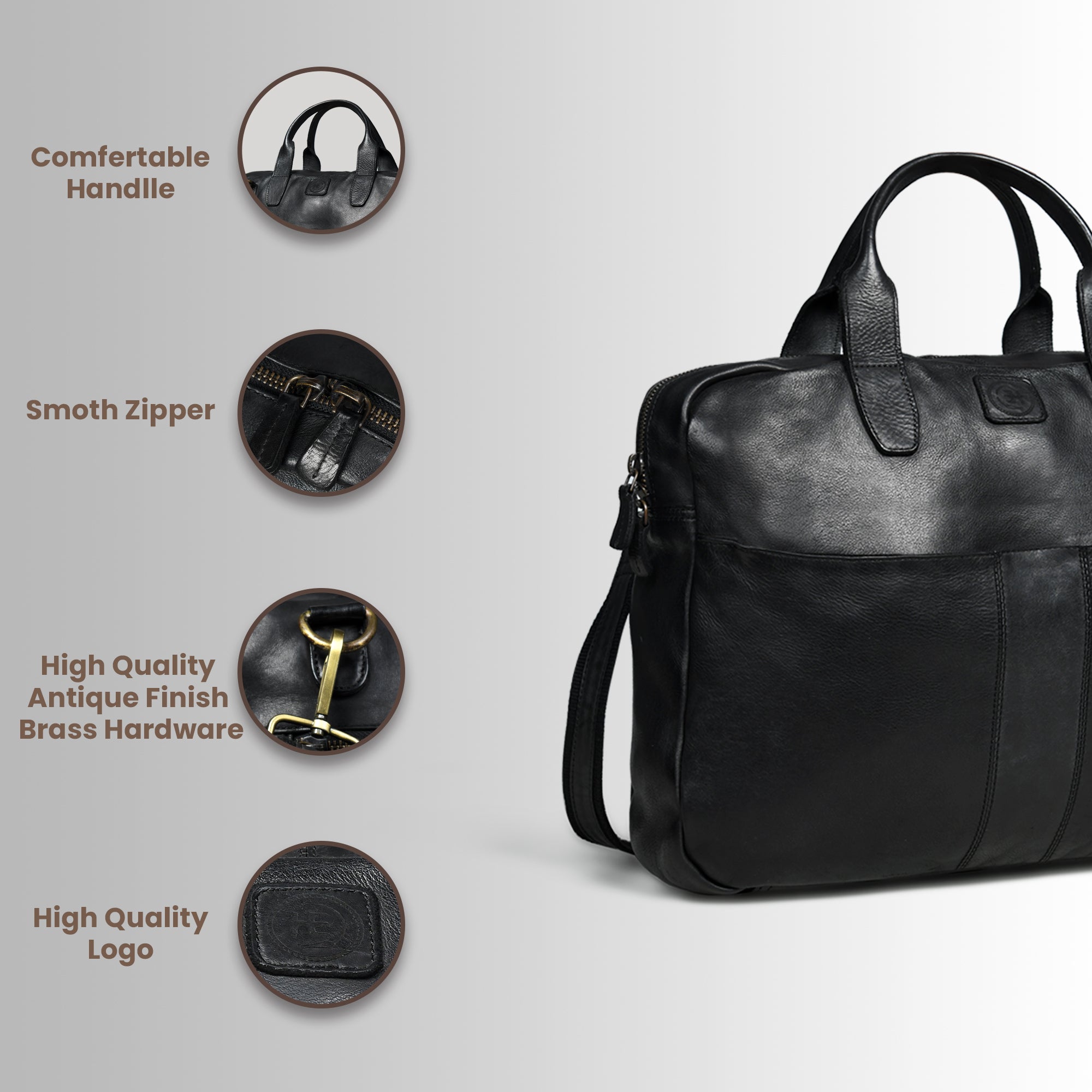 Voyager Premium Leather Laptop Bag - Black Colour