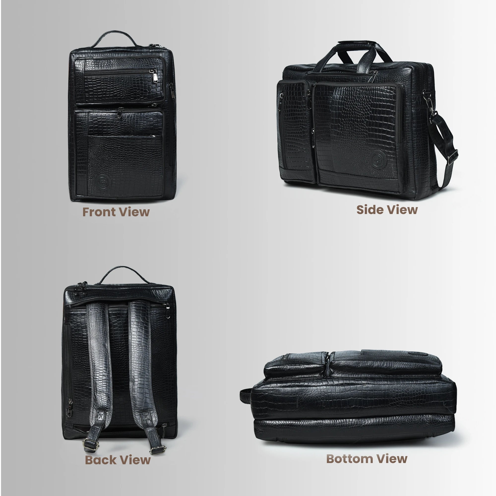 Crocodore Vintage Leather Multi-Pocket Laptop Bag – Black Colour