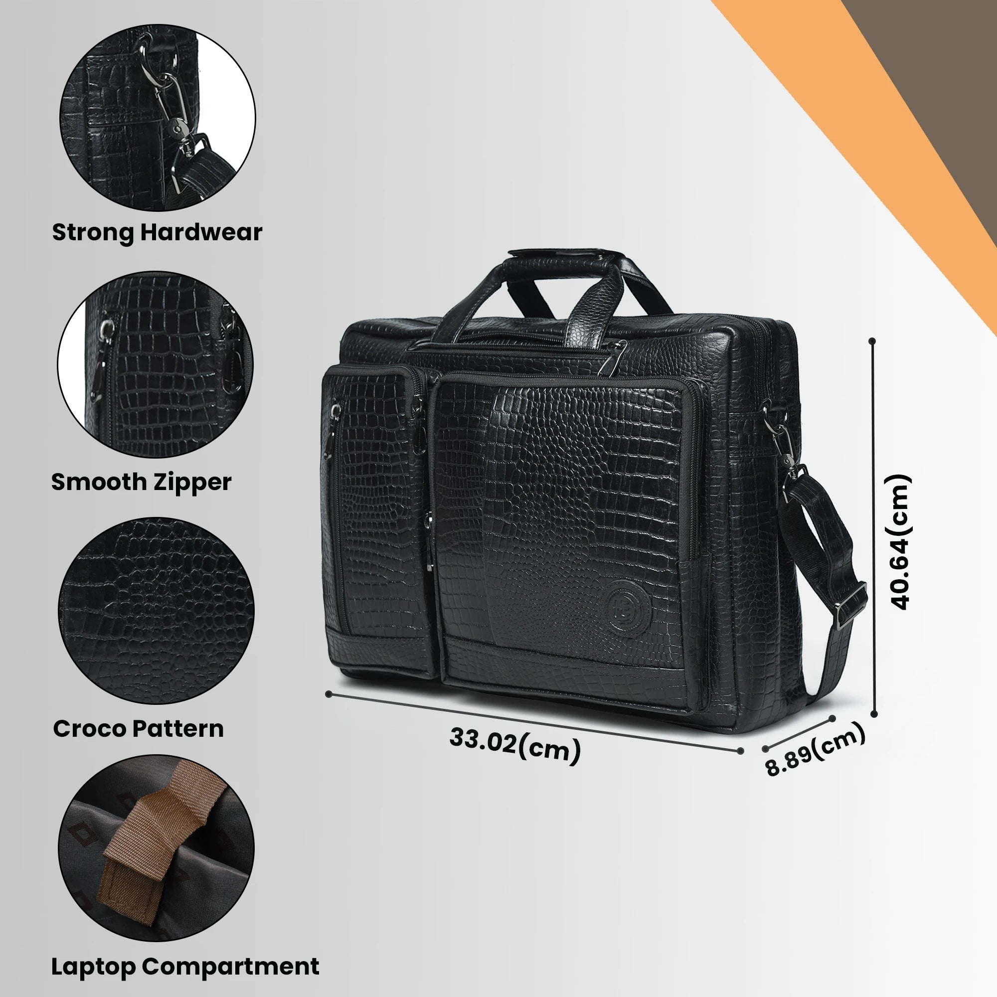 Crocodore Vintage Leather Multi-Pocket Laptop Bag – Black Colour
