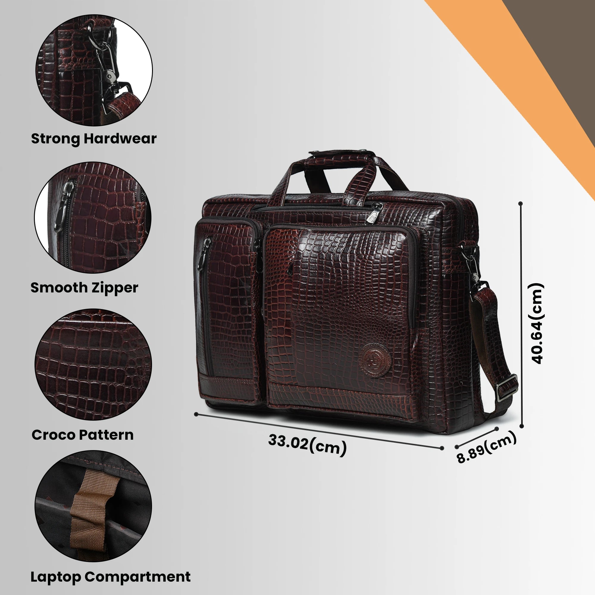 Crocodore Vintage Leather Multi-Pocket Laptop Bag – Espresso brown