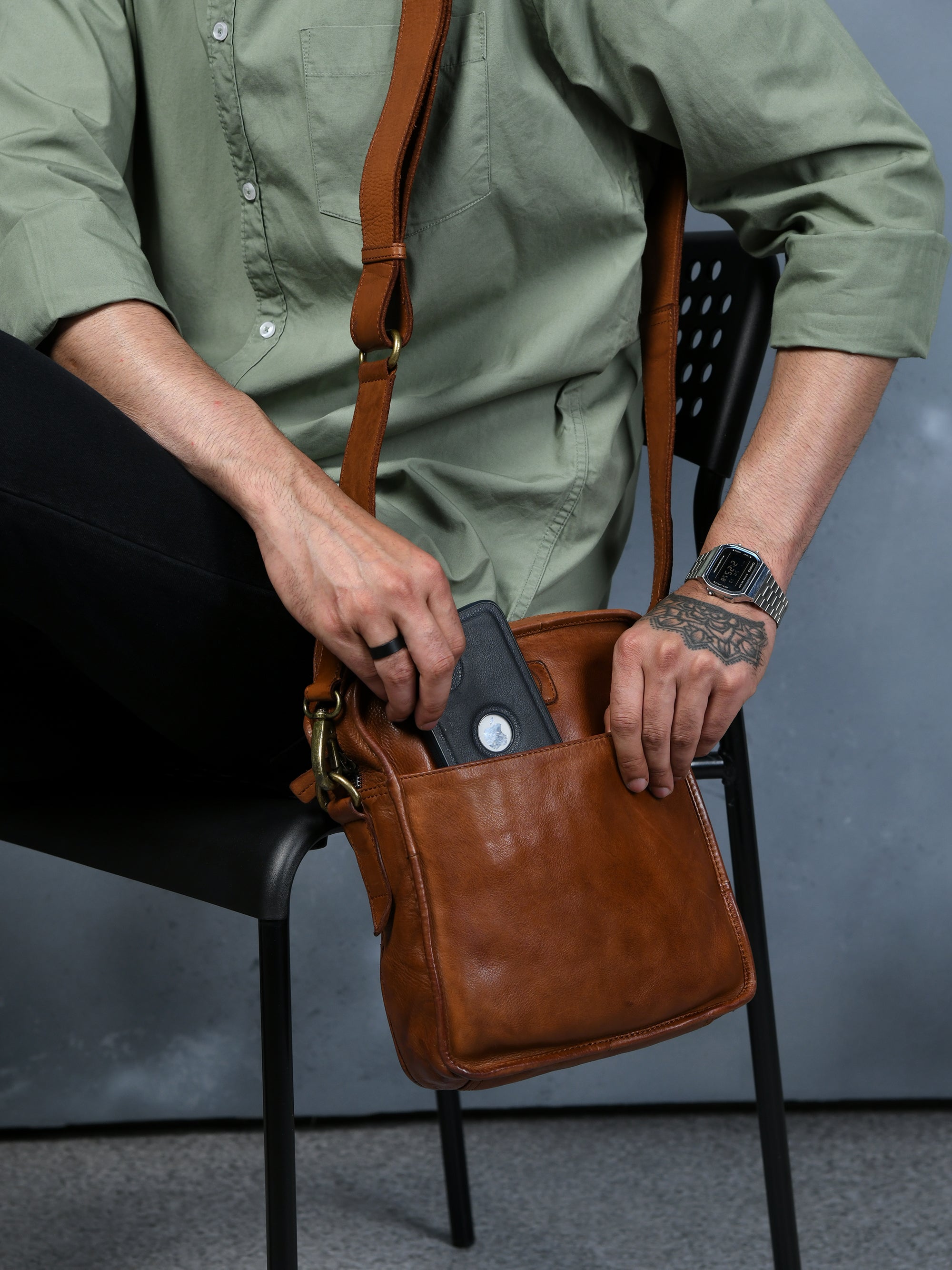 Verdant Trail Leather Sling Bag - Tan Colour