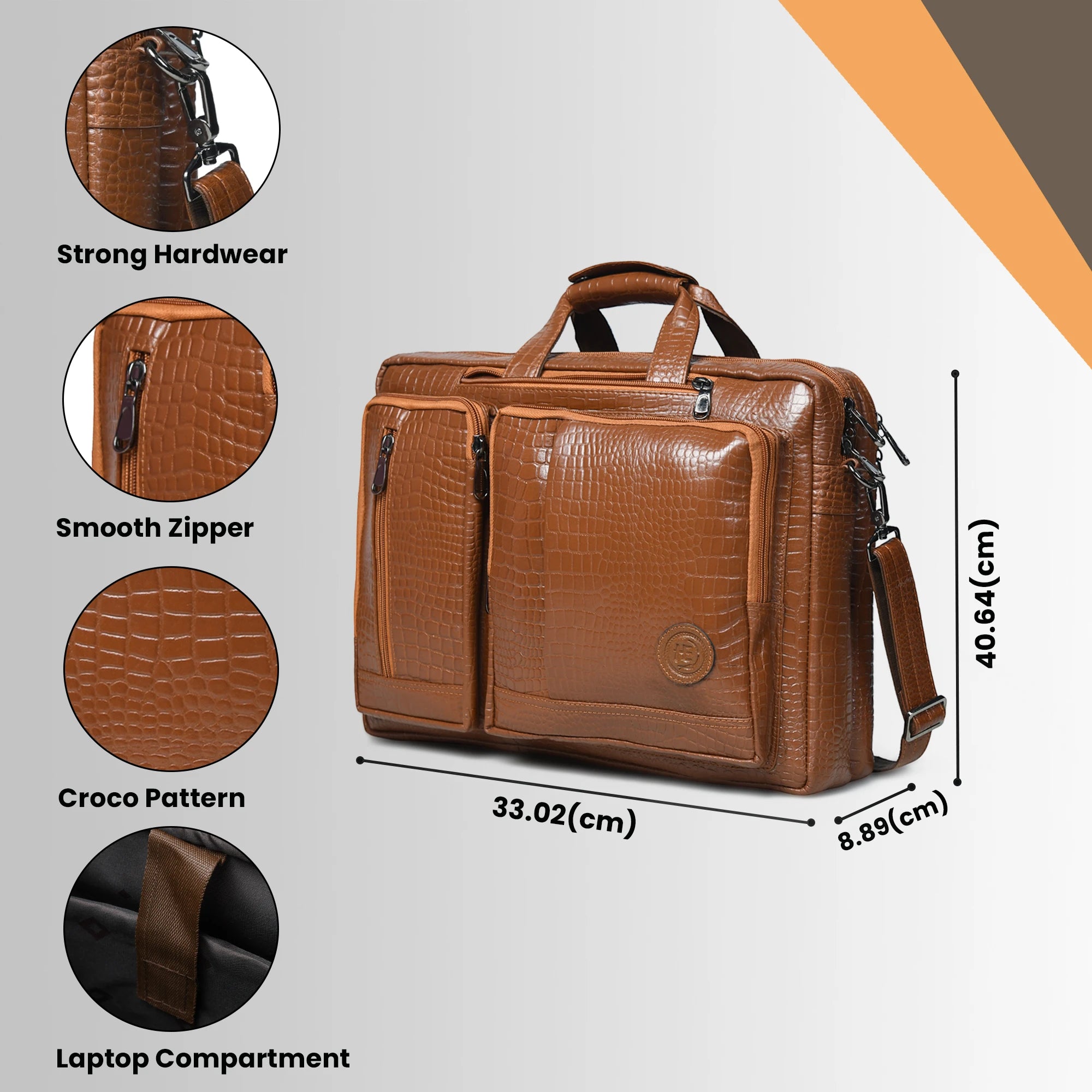 Crocodore Vintage Leather Multi-Pocket Laptop Bag – Tan Colour
