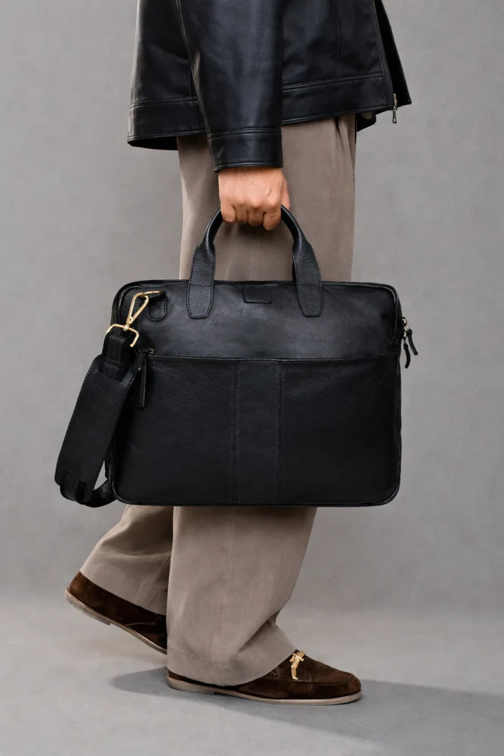 Voyager Premium Leather Laptop Bag - Black Colour