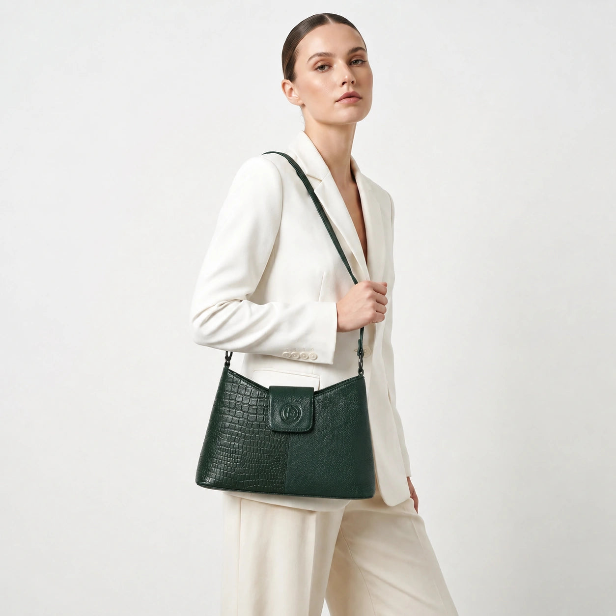 Luna Croco Full Grain Leather Handbag – Forest Green