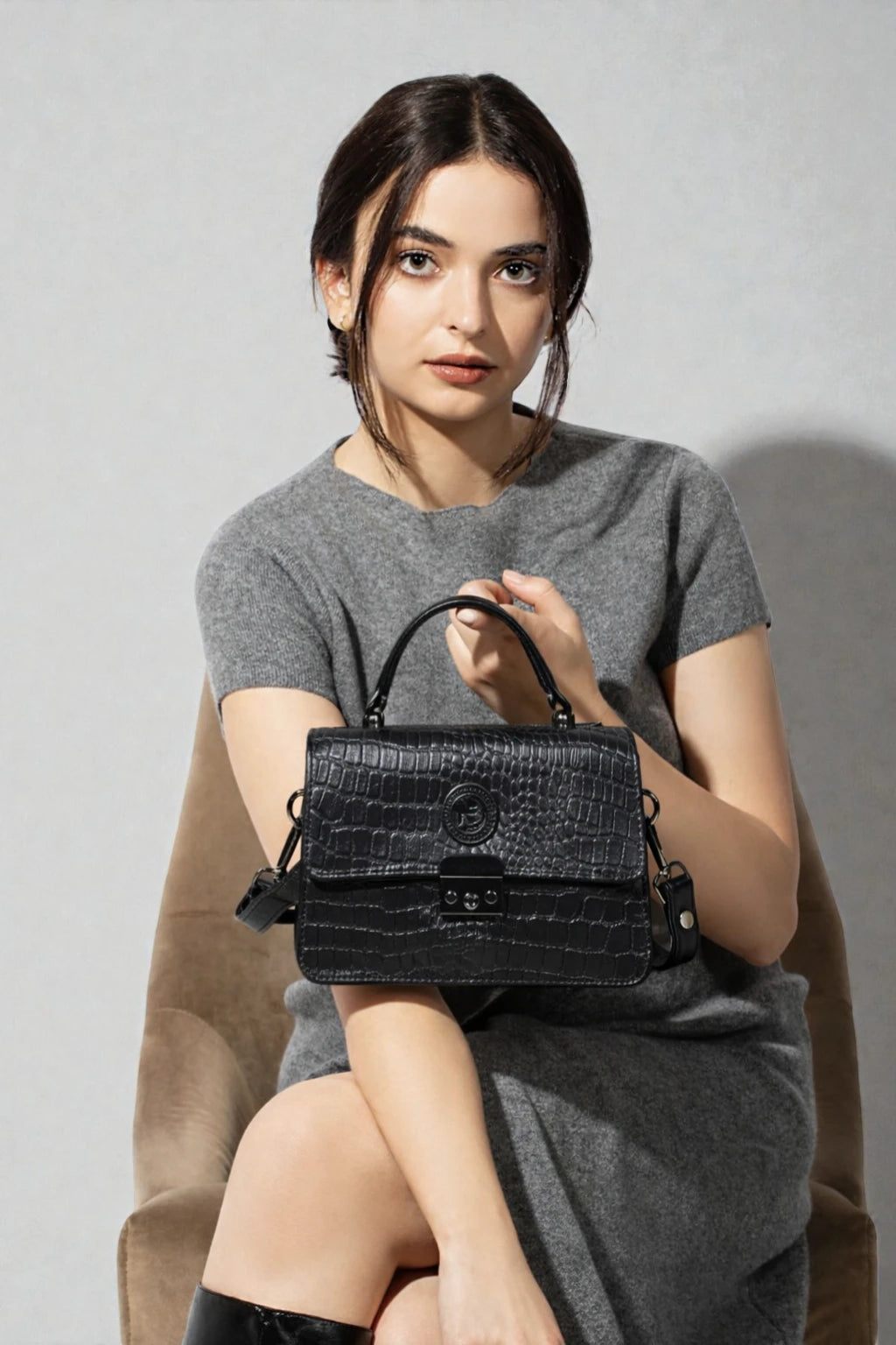 Imperial Croc Luxe Satchel Bag - Black Colour