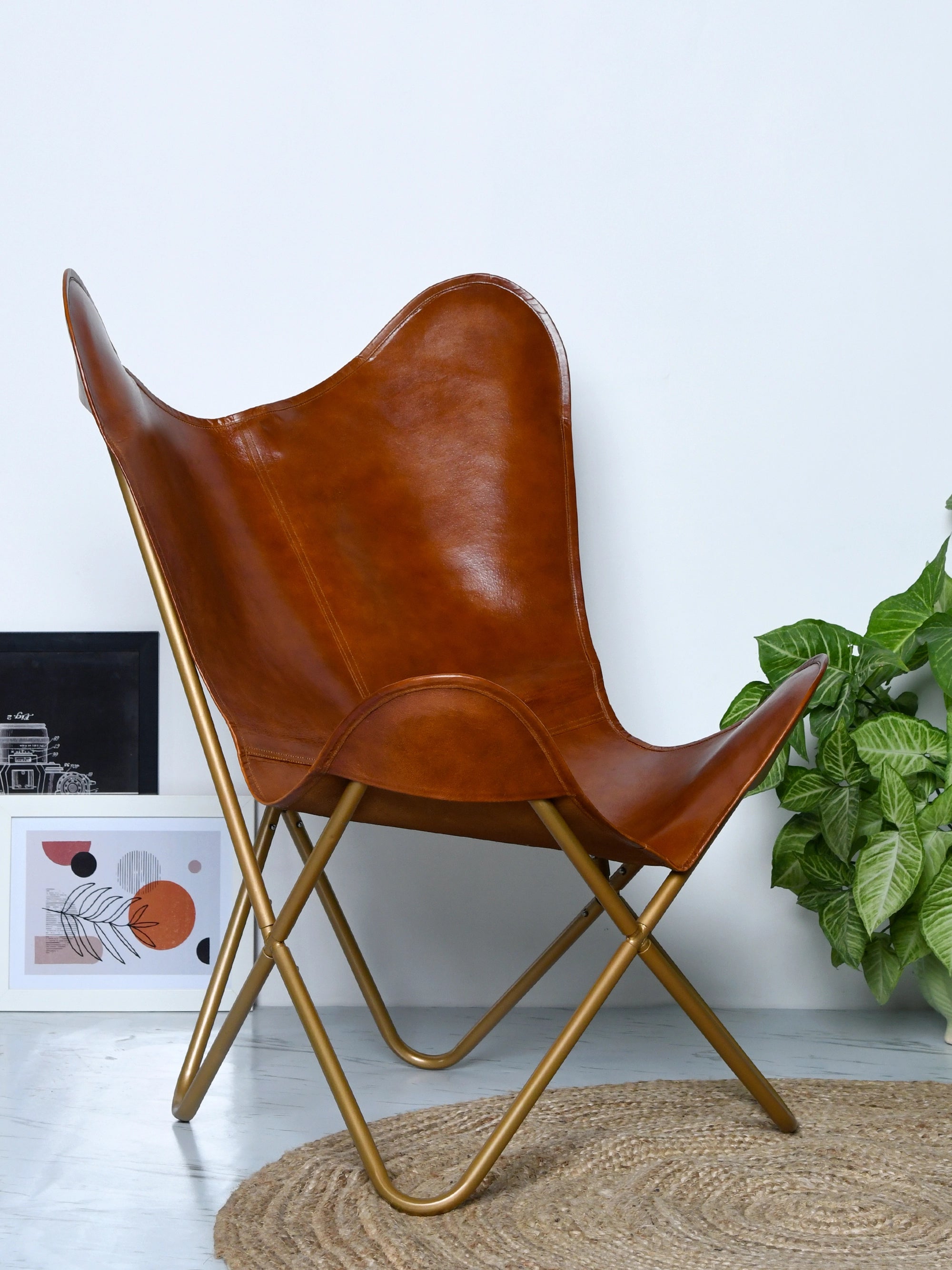 Genuine Goat Leather Butterfly Chair - Gold Frame