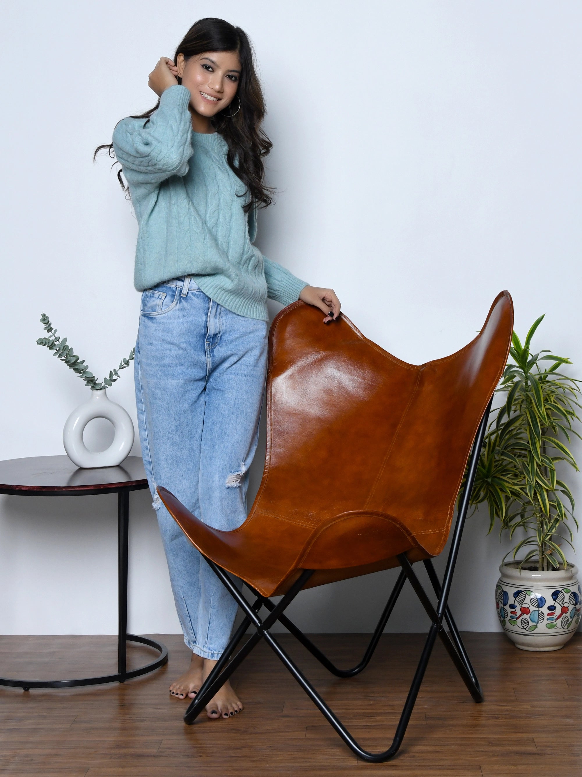 Genuine Goat Leather Butterfly Chair - Black Frame