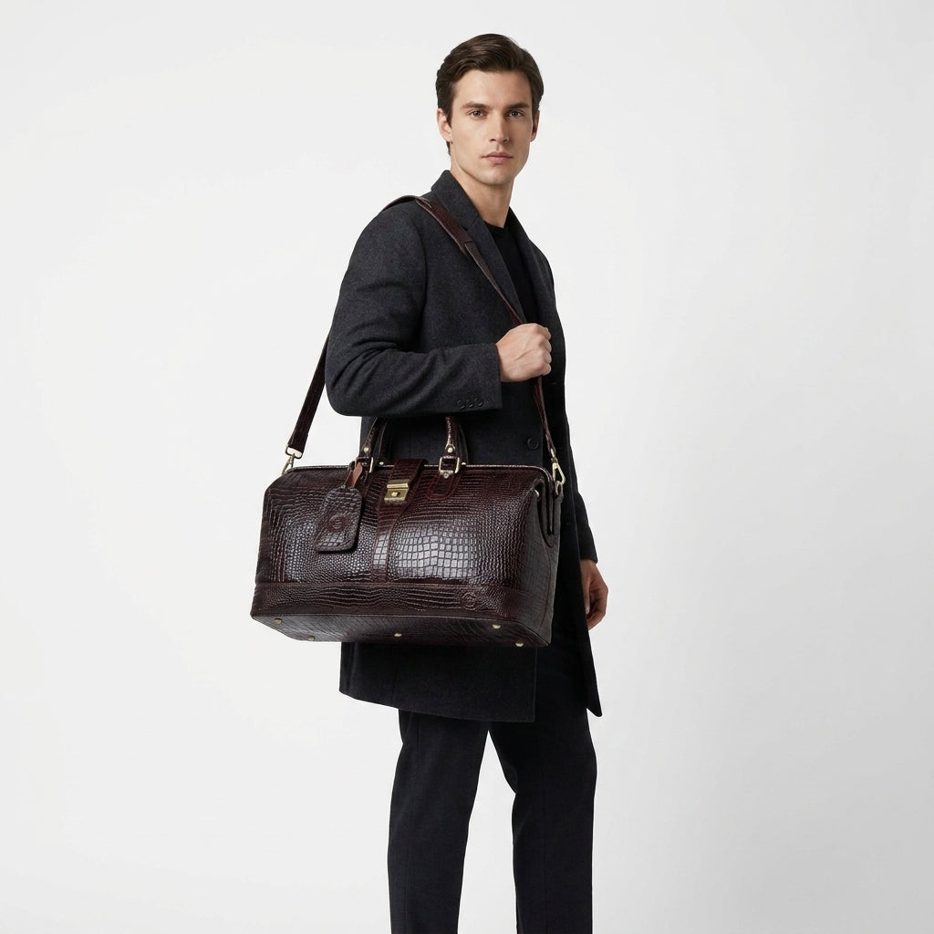 Maverick Croco Weekender Duffle Bag - Espresso Brown