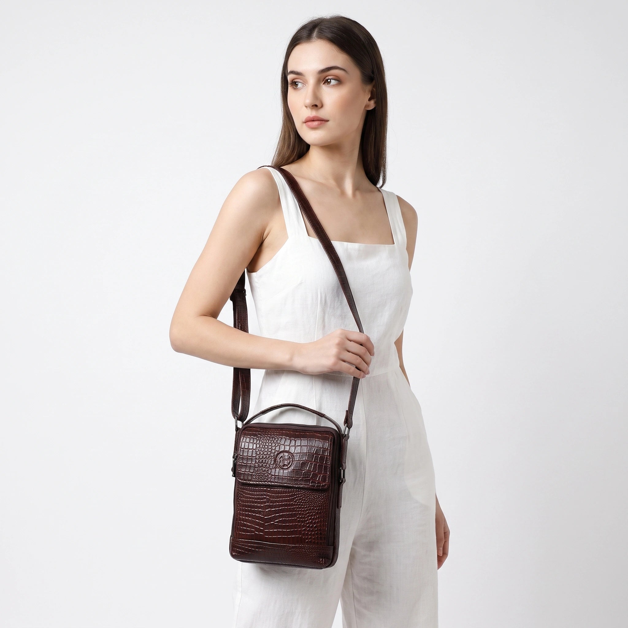 Croco Mason Leather Crossbody Bag - Espresso Brown