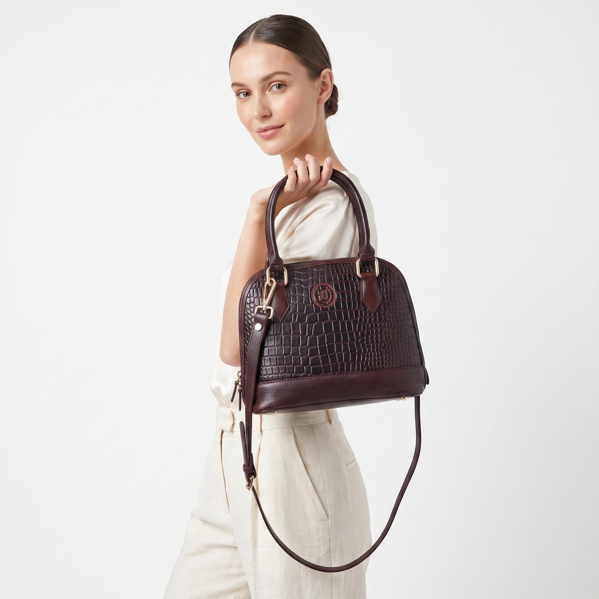 Monroe Croco Leather Satchel - Espresso Brown
