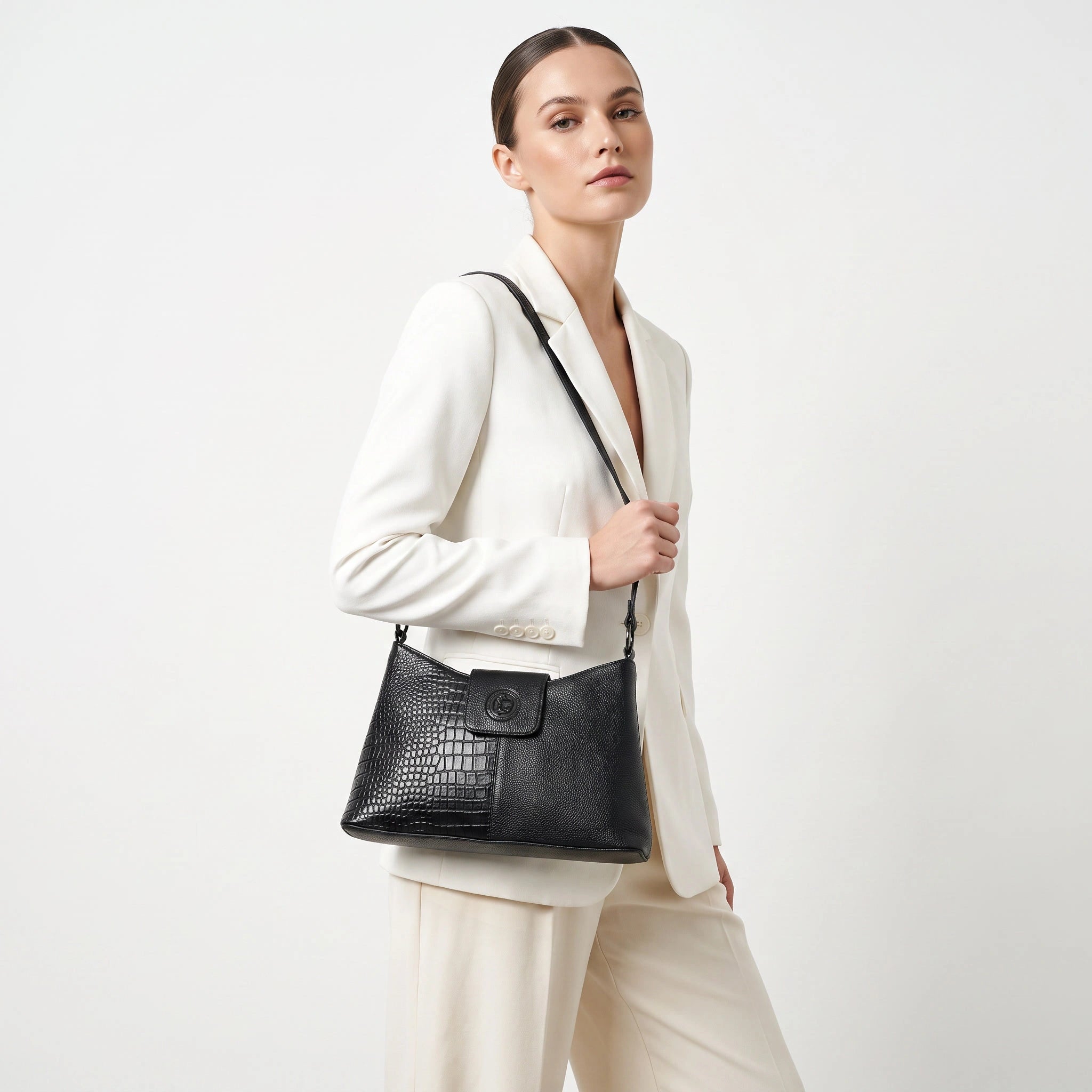 Luna Croco Full Grain Leather Handbag – Black colour